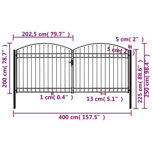 Hegnslåge med dobbeltdør og buet top stål 400 x 200 cm sort