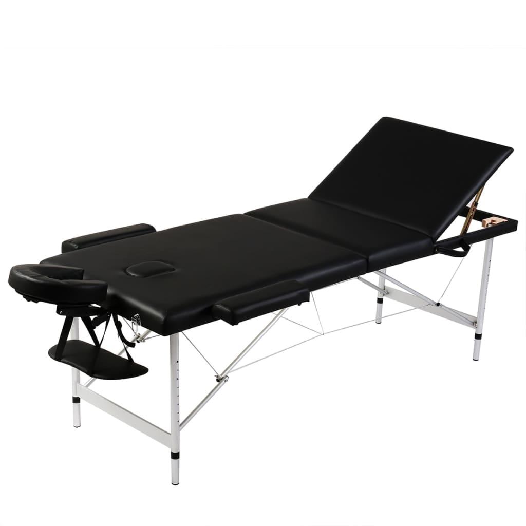 Sort sammenfoldeligt massagebord, 3 zoner med aluminiumsramme