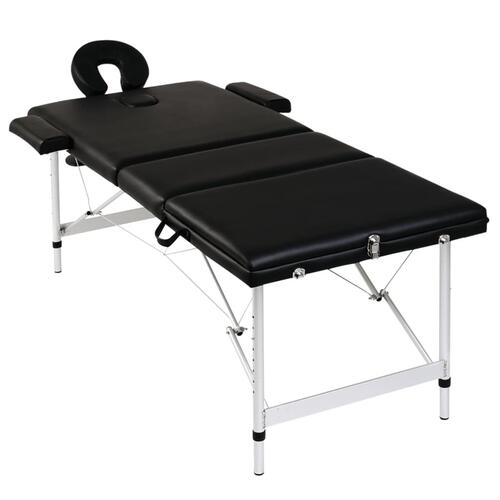 Sort sammenfoldeligt massagebord, 3 zoner med aluminiumsramme