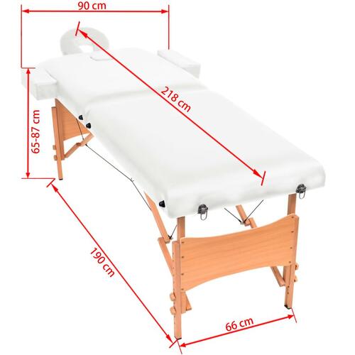 Sammenfoldeligt massagebord 2 zoner 10 cm tyk hynde hvid