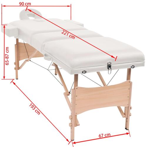 Sammenfoldeligt massagebord 3 zoner 10 cm tyk hynde hvid