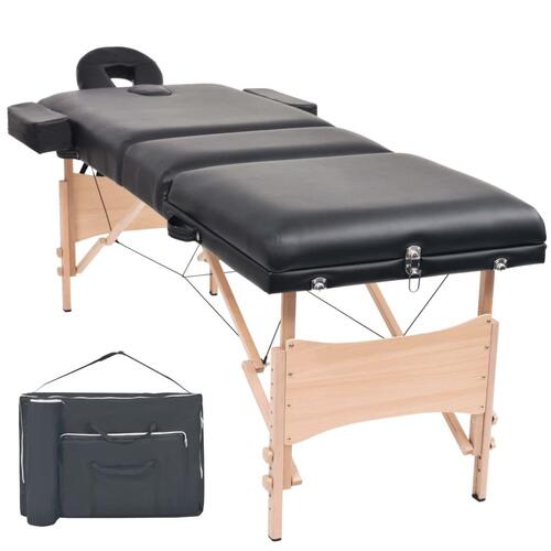 Sammenfoldeligt massagebord 3 zoner 10 cm tyk hynde sort