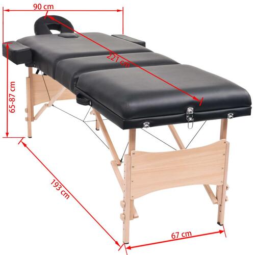 Sammenfoldeligt massagebord 3 zoner 10 cm tyk hynde sort