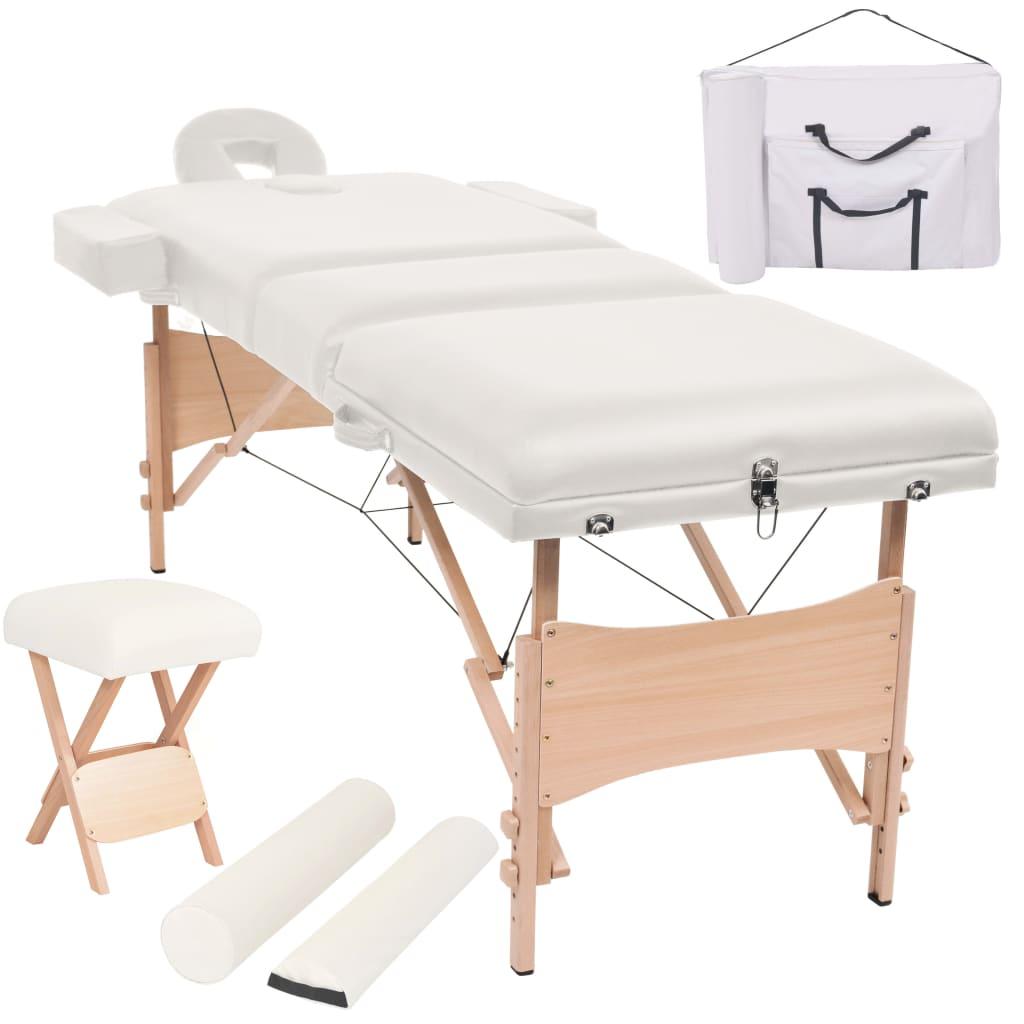 Foldbart massagebord med skammel 3 zoner 10 cm tyk hvid