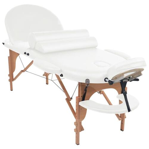 Foldbart massagebord m. 2 bolsterpuder 4 cm tyk oval hvid