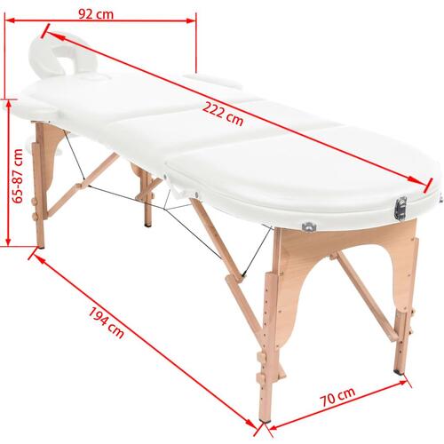 Foldbart massagebord m. 2 bolsterpuder 4 cm tyk oval hvid