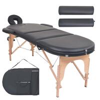 Foldbart massagebord m. 2 bolsterpuder 4 cm tyk oval sort