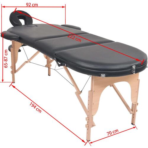 Foldbart massagebord m. 2 bolsterpuder 4 cm tyk oval sort