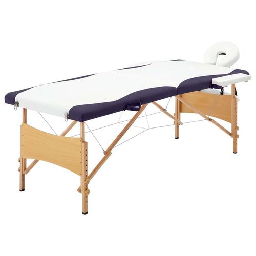 Sammenfoldeligt massagebord med træstel 2 zoner hvid og lilla