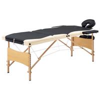 Sammenfoldeligt massagebord med træstel 3 zoner sort og beige