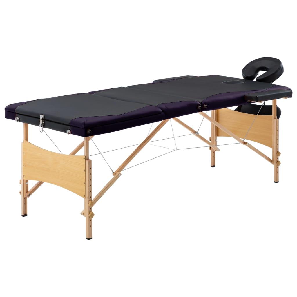 Foldbart massagebord 3 zoner træ sort og lilla