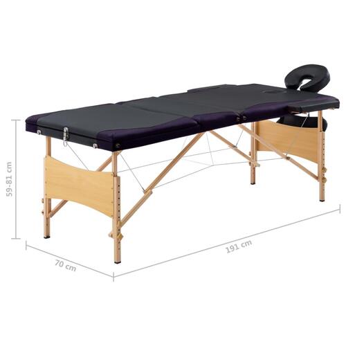 Foldbart massagebord 3 zoner træ sort og lilla
