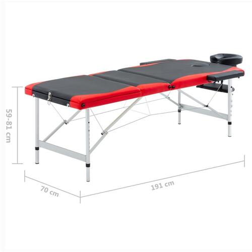 Sammenfoldeligt massagebord aluminiumsstel 3 zoner sort og rød