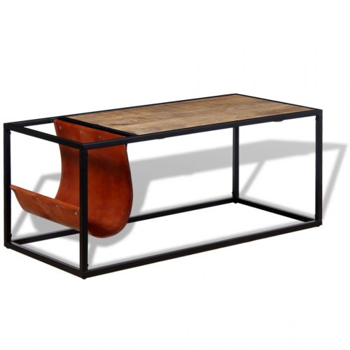 Sofabord med ægte læder magasinholder 110x50x45 cm