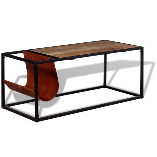 Sofabord med ægte læder magasinholder 110x50x45 cm