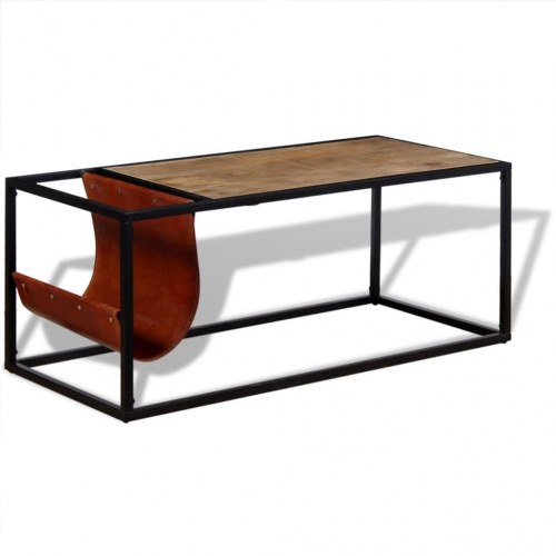Sofabord med ægte læder magasinholder 110x50x45 cm