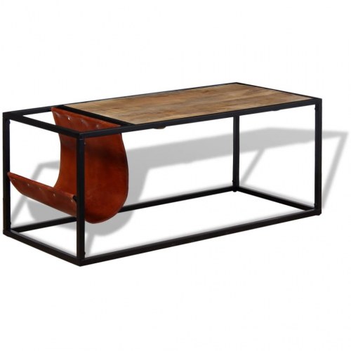 Sofabord med ægte læder magasinholder 110x50x45 cm