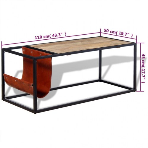 Sofabord med ægte læder magasinholder 110x50x45 cm