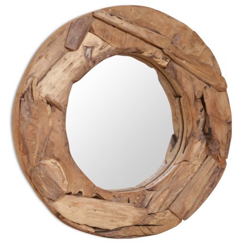 Dekorativt spejl i teak 60 cm rundt
