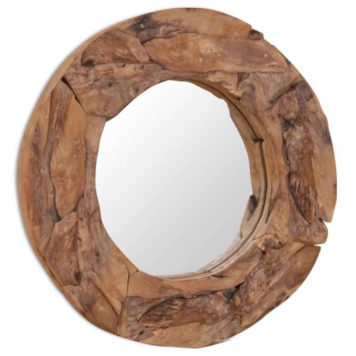Dekorativt spejl i teak 60 cm rundt