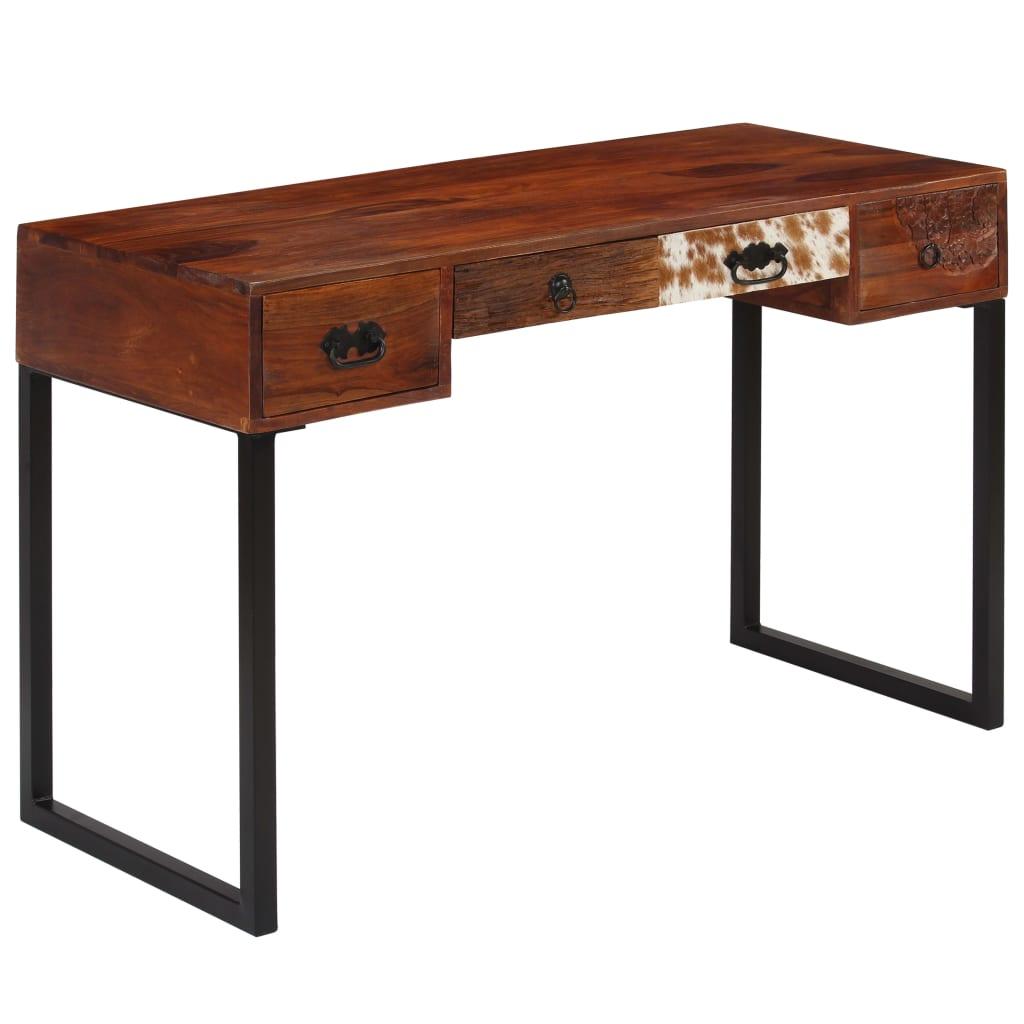 Skrivebord i massivt akacietræ med ægte læder 117 x 50 x 76 cm billede