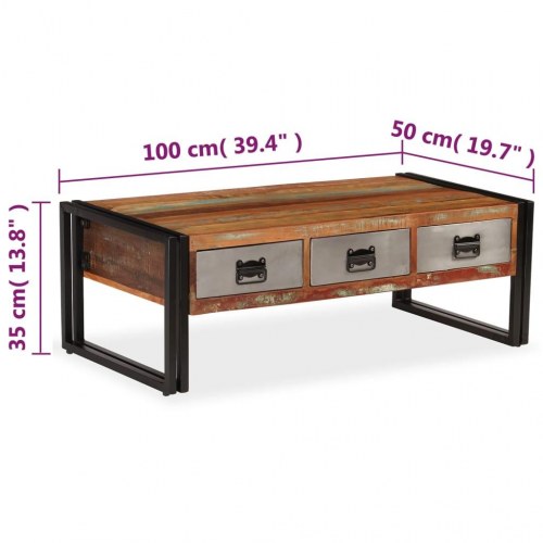 Sofabord med 3 skuffer 100x50x35 cm massivt genbrugstræ