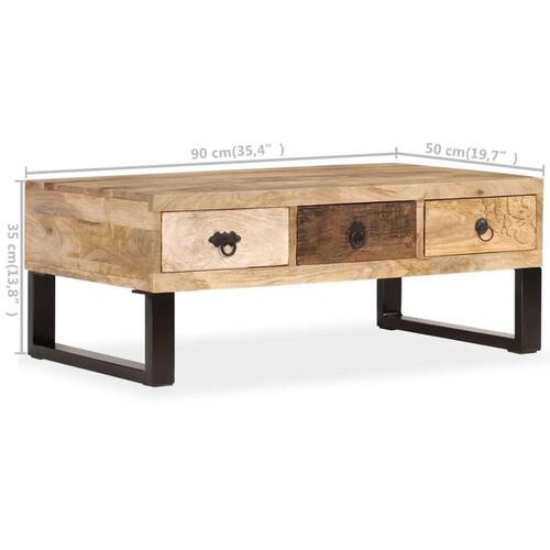 Sofabord med 3 skuffer massivt mangotræ 90 x 50 x 35 cm