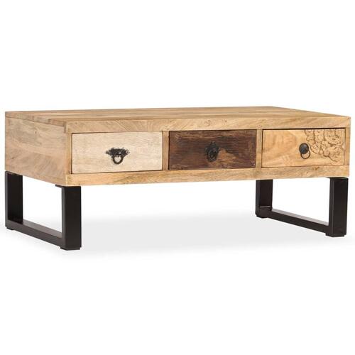 Sofabord med 3 skuffer massivt mangotræ 90 x 50 x 35 cm