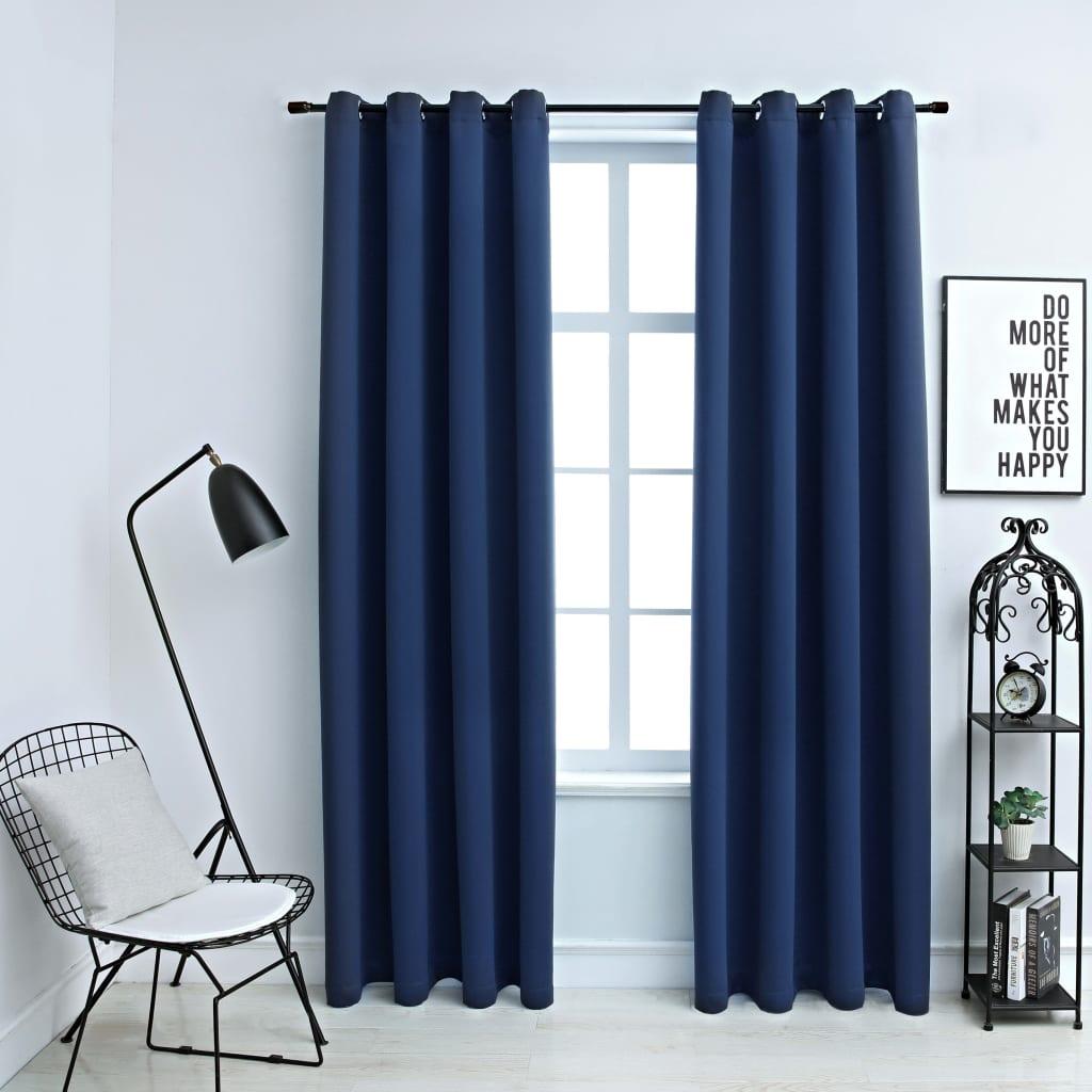 Lysdæmpende gardiner 2 stk. med metalringe 140 x 175 cm blå
