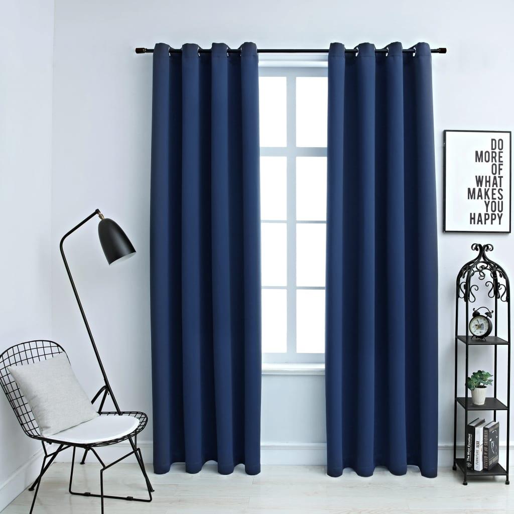 Lysdæmpende gardiner 2 stk. med metalringe 140 x 245 cm blå