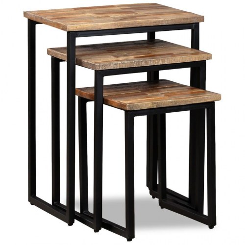 Indskudt sofabordssæt i 3 dele massivt genbrugsteaktræ