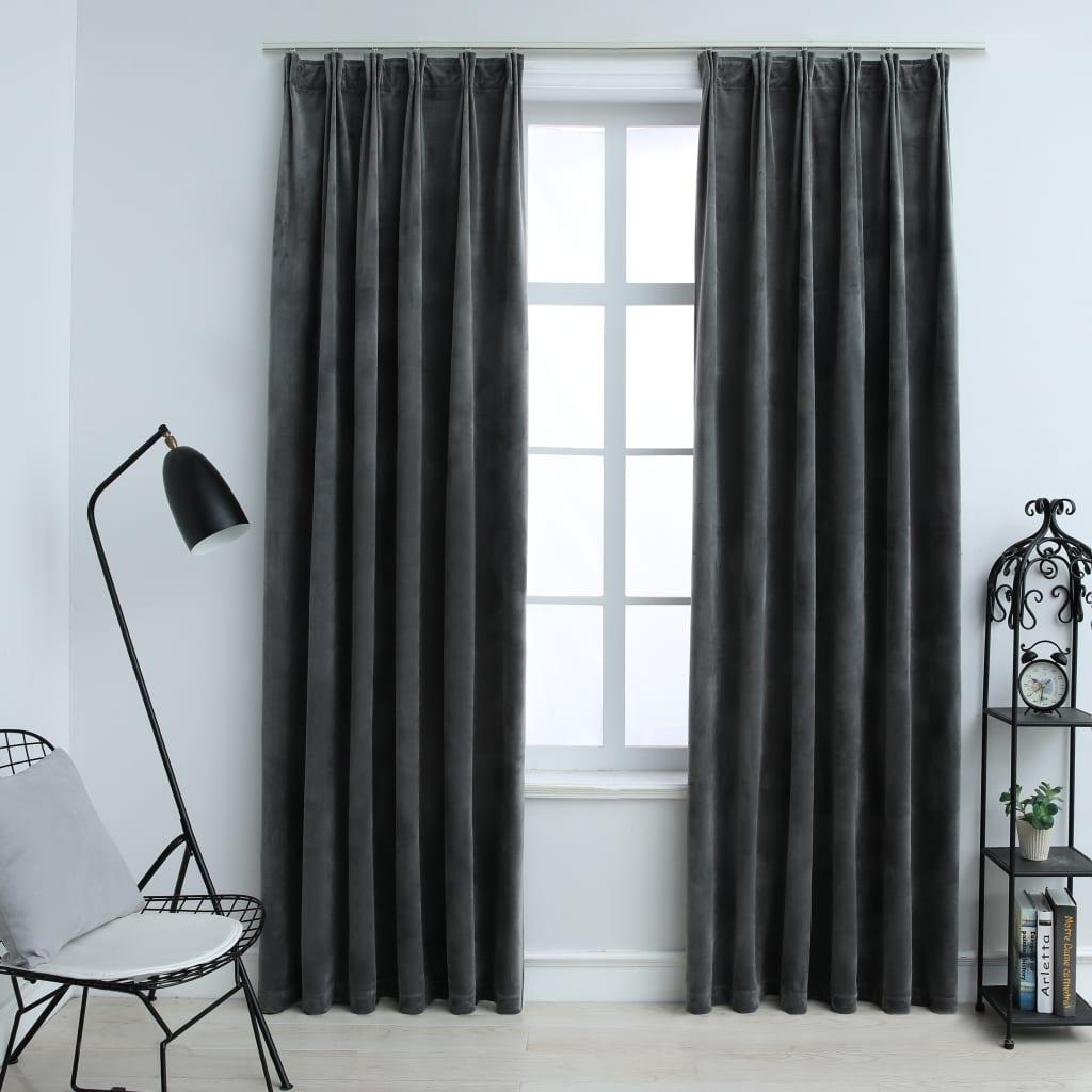 Lysdæmpende gardiner med kroge 2 stk. 140 x 225 cm antracitgrå