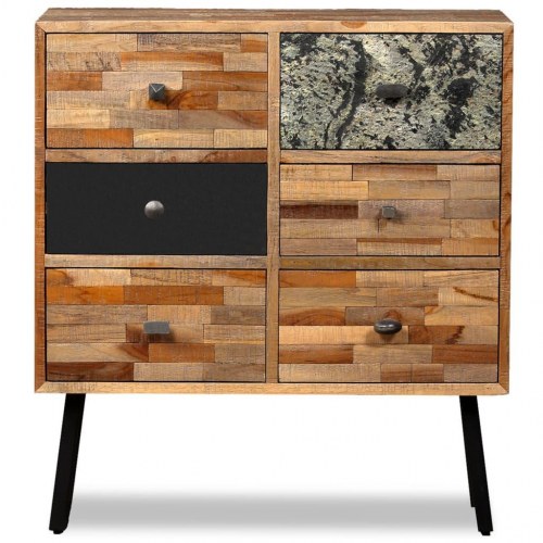 Sideskab med 6 skuffer massivt genbrugsteaktræ 70 x 30 x 76 cm