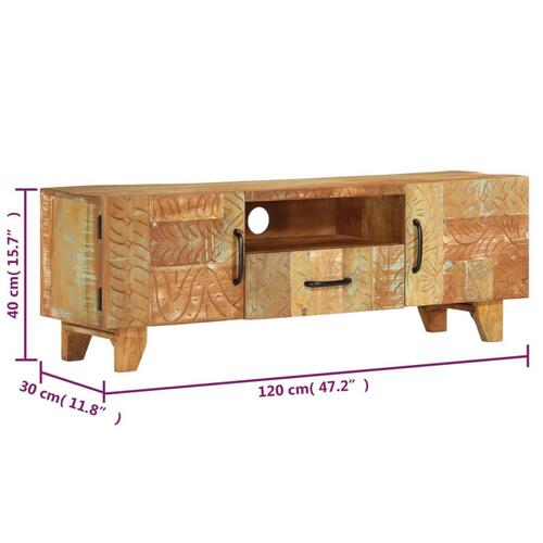 Håndskåret tv-skab 120x30x40 cm massivt genbrugstræ