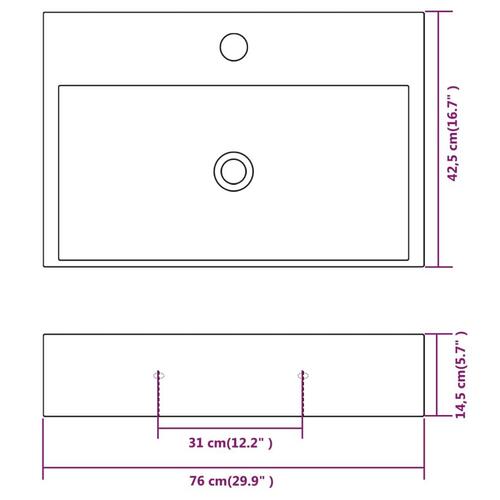 Håndvask med hul til vandhane keramik 76x42,5x14,5 cm hvid