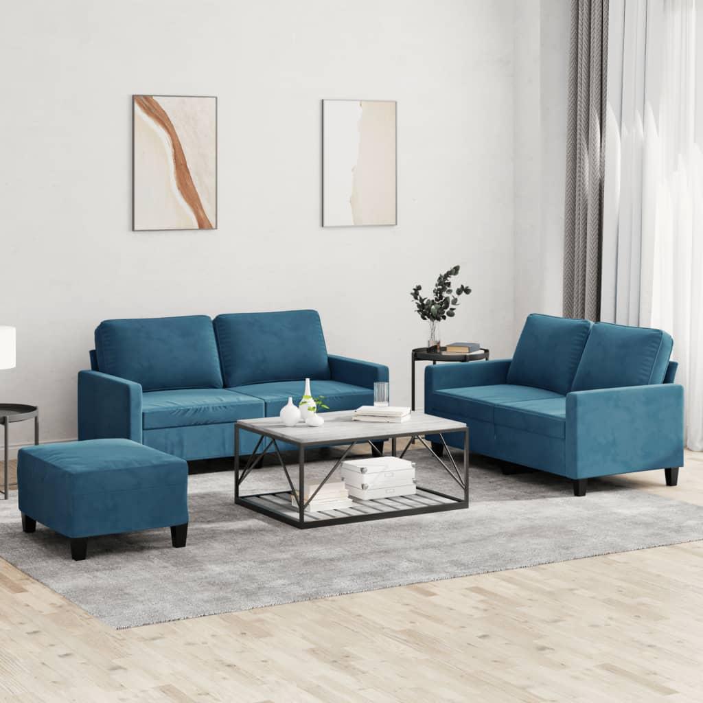3 personers sofa med hynder velour blå