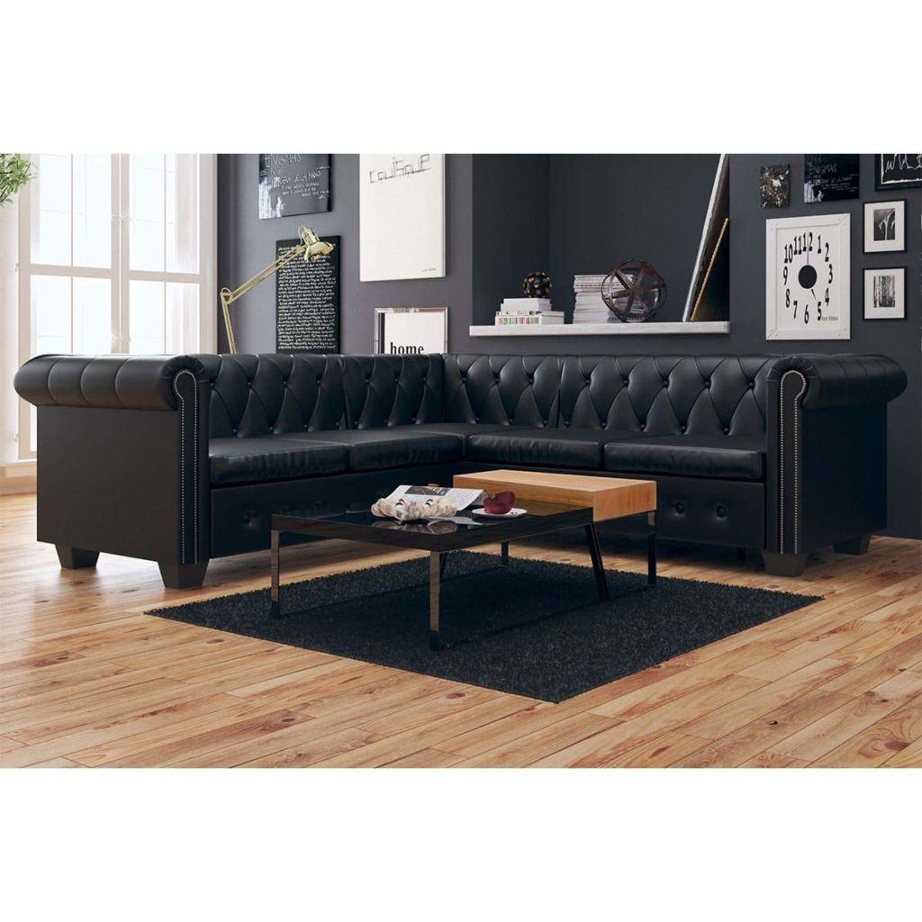 Chesterfield 5-personers hjørnesofa kunstlæder sort