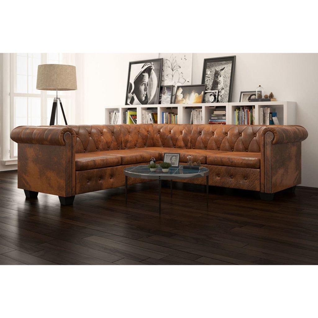 5-personers sofa i Chesterfield-look kunstlæder brun