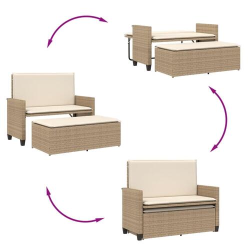 Havebænk med hynder og fodskammel polyrattan beige