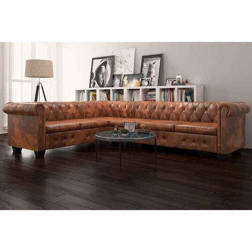 Chesterfield 6-personers hjørnesofa kunstlæder brun