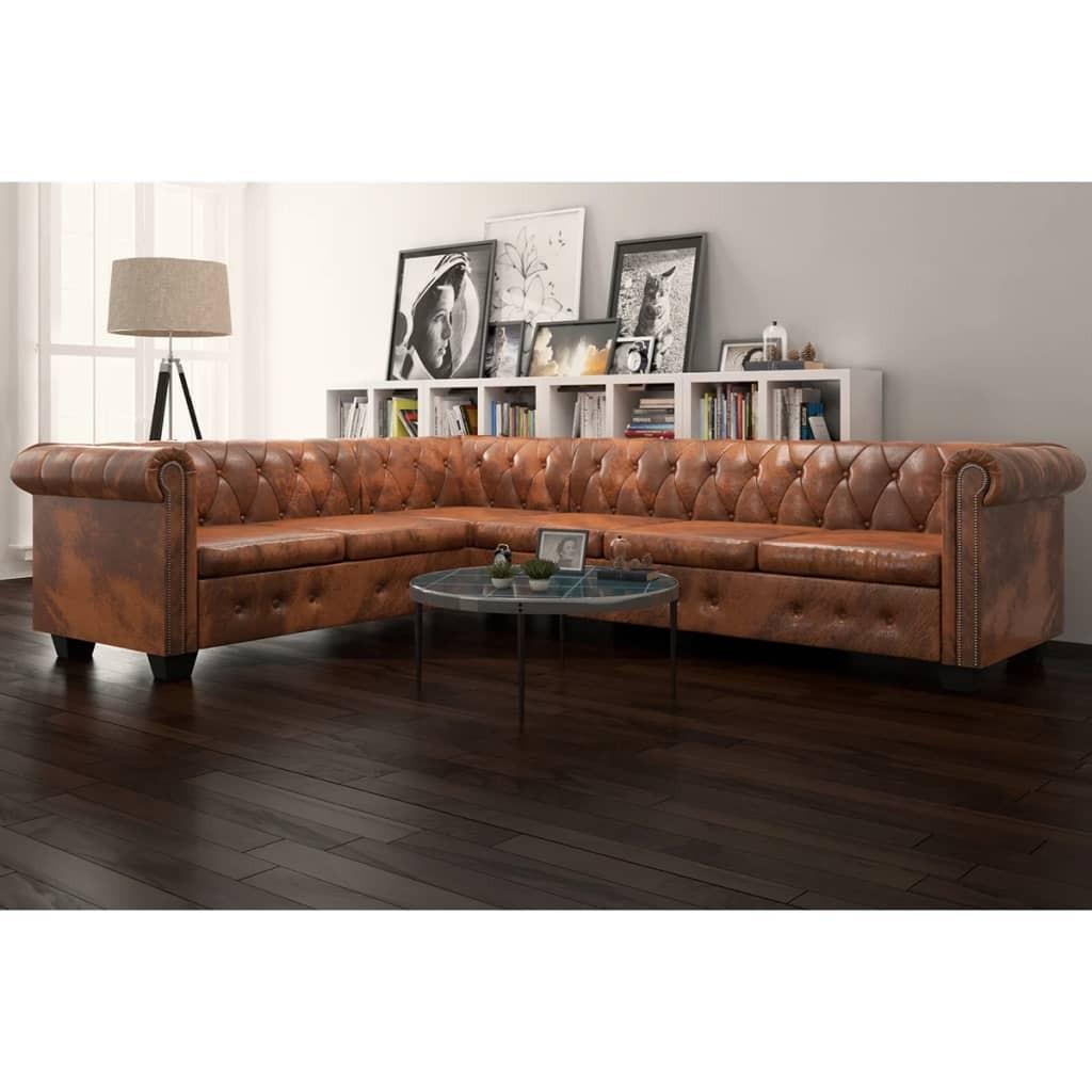 Chesterfield 6-personers hjørnesofa kunstlæder brun