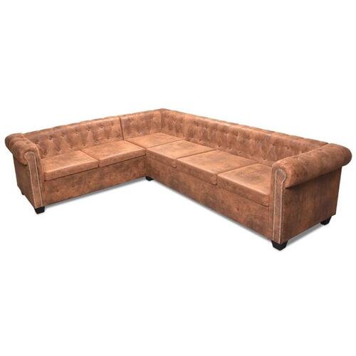 Chesterfield 6-personers hjørnesofa kunstlæder brun