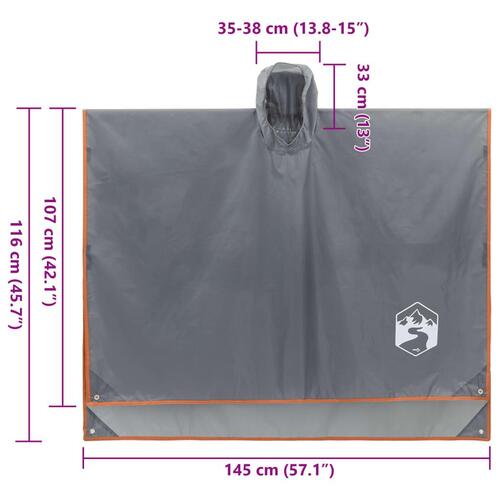 Regnponcho med hætte 223x145 cm 2-i-1 design grå og orange