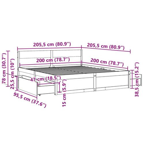 Sengeramme med skuffer 200x200 cm massivt fyrretræ gyldenbrun