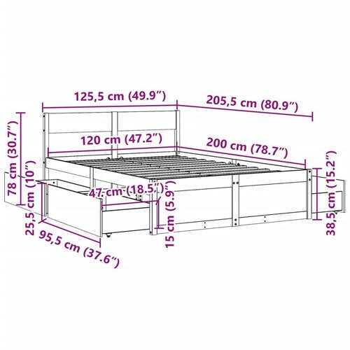 Sengeramme med skuffer 120x200 cm massivt fyrretræ gyldenbrun