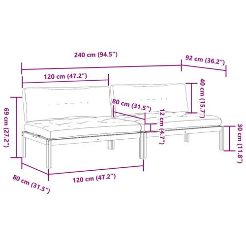Midtermoduler til pallesofa 2 stk. med hynder massivt akacietræ