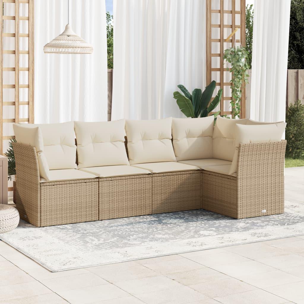 Sofasæt til haven 5 dele med hynder i polyrattan beige