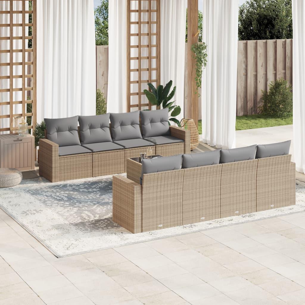 Sofasæt til haven i polyrattan, 9 dele med hynder - beige/lysegrå