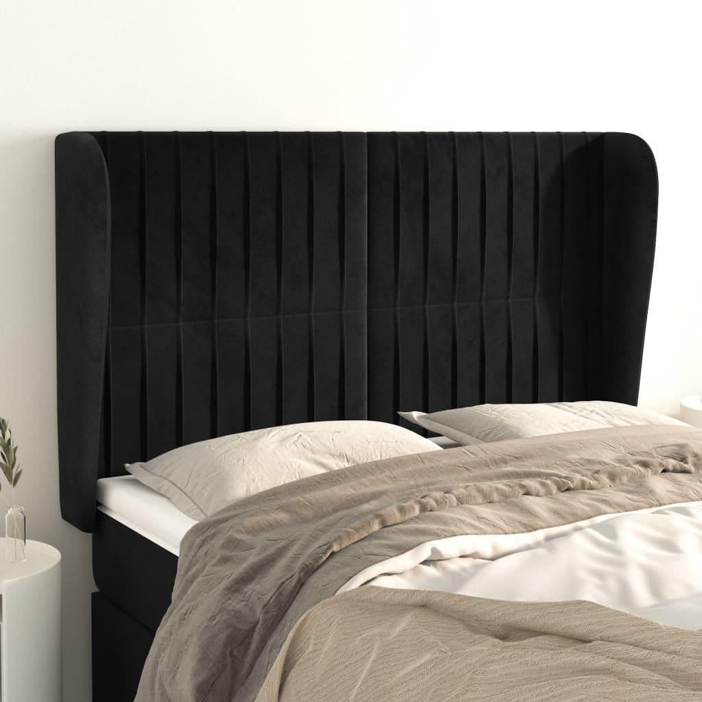 Sengegavl med kanter i fløjl - 147×23×118/128 cm, sort billede