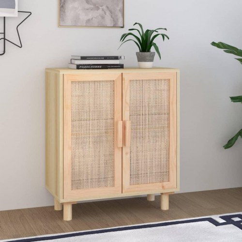 Skænk 60x30x70 cm massivt fyrretræ og naturlig rattan brun